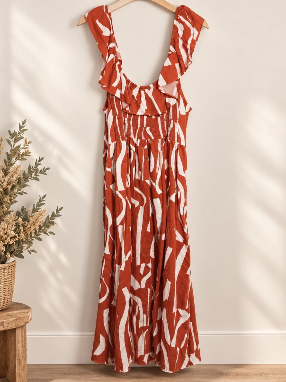 Ava & Viv Linen Blend Rust Abstract Print Midi Dress Ruffle Fall Boho
